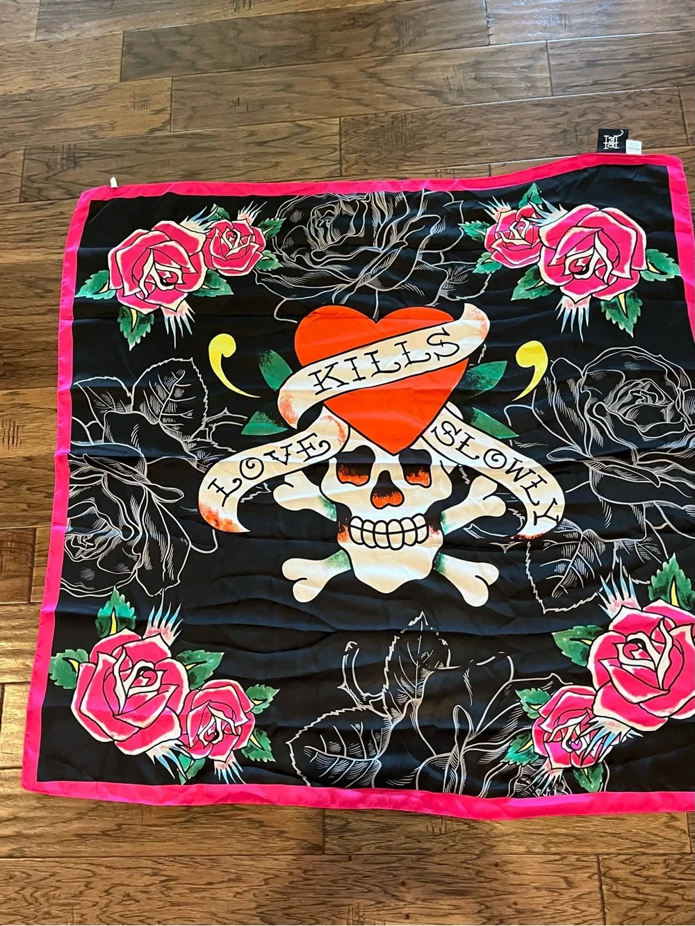 Ed Hardy Black Scarf with Pink Rose Border and Heart Skull Graphic Love